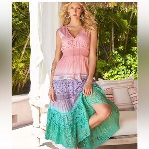 Z & L Europe Made With Love Boho Dip Dye Ombré Tiered Maxi Dress Medium Boho R
